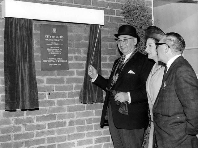 The Lord Mayor of Leeds, Alderman Joshua S. Walsh, opens the Queensview multi-storey flats in Seacroft in May 1966. The 17 storey block of flats was built by Tersons Ltd.