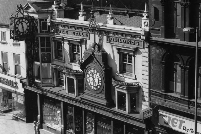 The Time Ball Buildings at no.24-26 Lower Briggate, and looking west. The premises were home to John Dyson & Sons, watchmakers, repairers, and jewellers, founded in 1865.