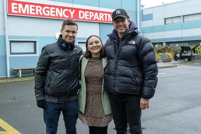 Charlie, left, during a break in filming on the Casualty set.