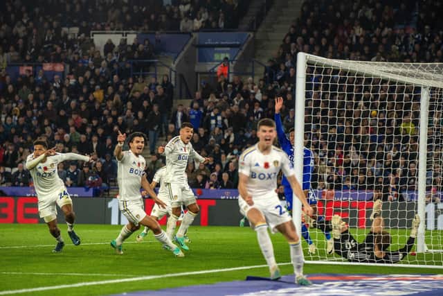 ELATION: Leeds United celebrate going 1-0 up at Leicester City through a close-range finish from Georginio Rutter, left. Photo by Michael Regan/Getty Images.