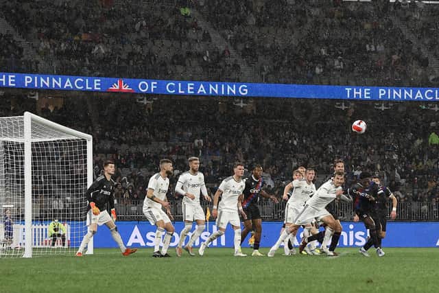 Players contest a header from a corner kick during the pre-season friendly match between Leeds United and Crystal Palace in pre-season (Photo by Paul Kane/Getty Images)