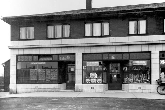 Shops on Thorpe Lane pictured in April 1936. On the lefti s  'Futurist fisheries', fish and chip shop, proprietor Ethel Bradbury. Next, J.W. Hardaker Keeps a grocers shop.