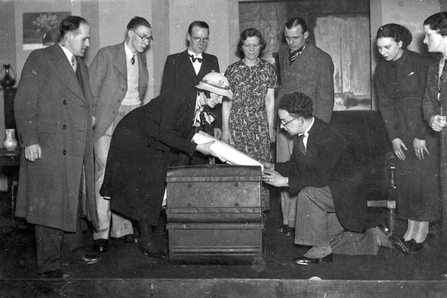 Actors taking part in the Zion Dramatic Players' performance of 'Mystery at Greenfingers' in January 1937. The group, belonging to the Zion Baptist Chapel in Hough Lane, were also linked to Leeds Operatic and Dramatic Society.