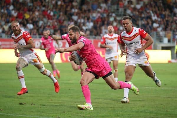 Aidan Sezer scores the golden-point winning try to cap an incredible fightback by Rhinos at Catalans last July. Picture by Manuel Blondeau/SWpix.com.