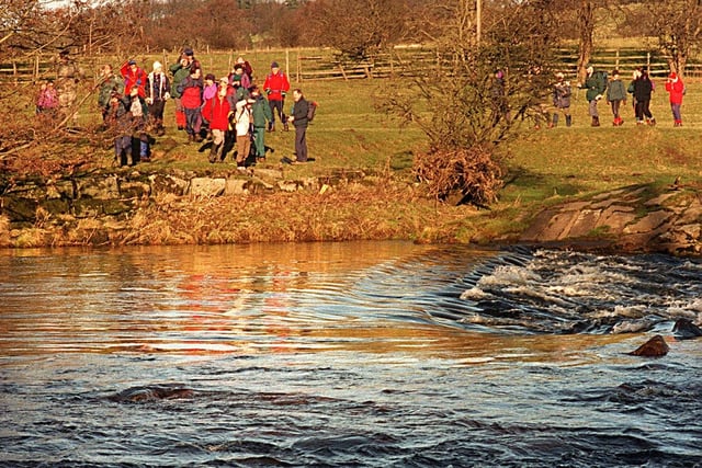 The Ramblers Association gather at the Stepping Stones at Burley in Wharfedale in January 1998 where they were campaigning for a footbridge to cross the River Wharfe.