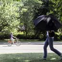 Someone walking through the park with an umbrella. (Pic credit: Brook Mitchell / AFP via Getty Images)