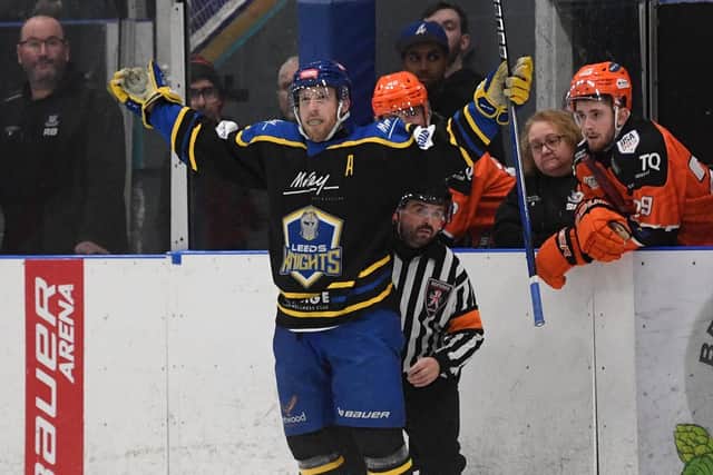 CALLING TIME: Leeds Knights' Matt Haywood celebrates scoring at Sheffield Steeldogs earlier this season. Picture: Jonathan Gawthorpe.