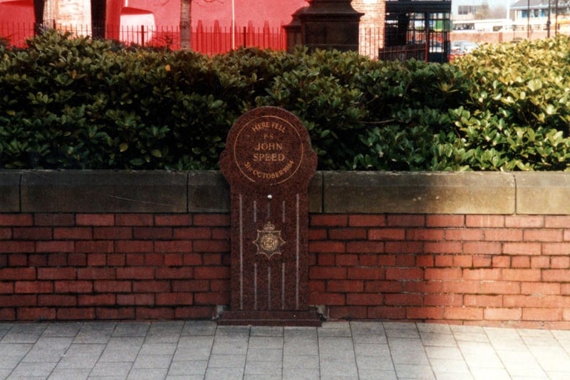 A memorial to P. S. John Speed on Kirkgate pictured in March 2002. He was killed on October 31, 1984 during the course of his duty near the Parish church. There is also a memorial in the Millgarth police station.