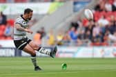 Paul Sykes kicks a goal for Dewsbury Rams against Doncaster in 2023. Picture by John Clifton/SWpix.com.