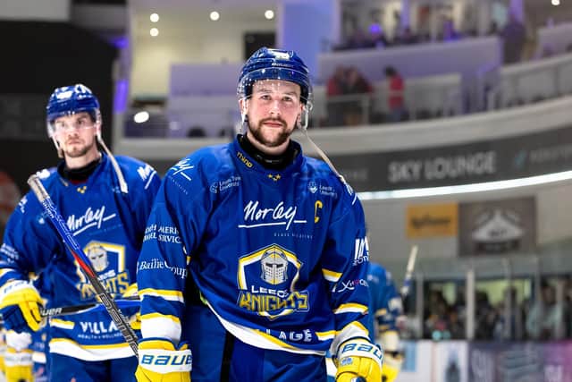LEADING MAN: Leeds Knights' captain Kieran Brown savours Saturday's play-off semi-final win against Sheffield Steeldogs. Picture: Miles Tidman/Knights Media.
