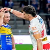 Brodie Croft is consoled by Shane Wright following Leeds Rhinos' loss to St Helens in last year's Betfred Super League play-offs. Picture by Allan McKenzie/SWpix.com.