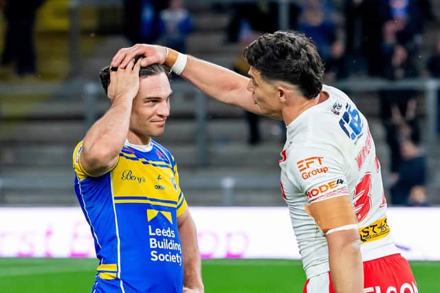 Brodie Croft is consoled by Shane Wright following Leeds Rhinos' loss to St Helens in last year's Betfred Super League play-offs. Picture by Allan McKenzie/SWpix.com.