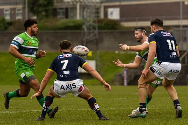Hunslet's Aaron York, pictured receiving the ball from Nathan Conroy, is ruled out through concussion suffered in a motoring accident. Picture by Paul Whitehurst/Hunslet RLFC.