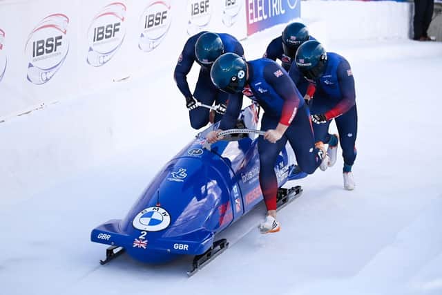 Leon Greenwood, pictured far right, will be on handle number two during Team GB's runs at the Winter Olympics. Photo credit: IBSF (The International Bobsleigh and Skeleton Federation)
