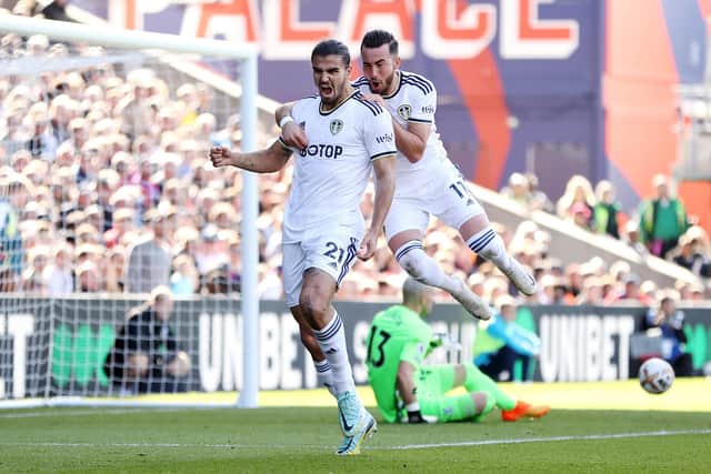 LONDON, ENGLAND - OCTOBER 09: Pascal Struijk of Leeds United celebrates scoring their side's first goal with teammate Jack Harrison during the Premier League match between Crystal Palace and Leeds United at Selhurst Park on October 09, 2022 in London, England. (Photo by Ryan Pierse/Getty Images)