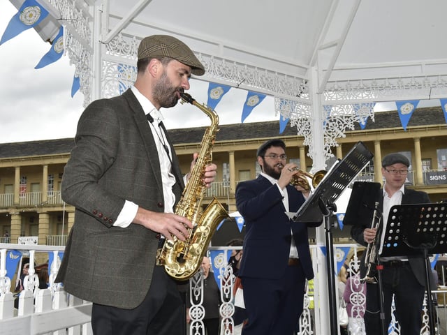 Martin Robinson of Flat Cap Brass performing in the Piece Hall