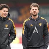Leeds United's Patrick Bamford (right) and Robin Koch inspect the pitch before the Emirates FA Cup fourth round match at the Wham Stadium, Accrington. Picture date: Saturday January 28, 2023.