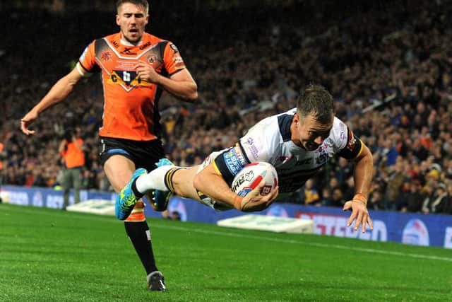 Danny McGuire scores in his last game for Leeds, the 2017 Grand Final win agaonst Castleford. Picture by Bruce Rollinson.