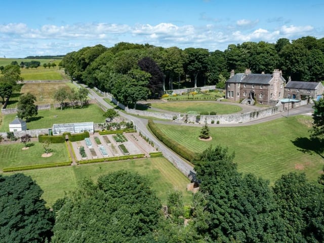 Aerial view of house and grounds.