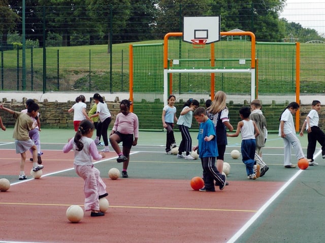 Children from Cross Flatts Primary School use the new sports facilities on Cross Flatts Park in Beeston in June 2005.
