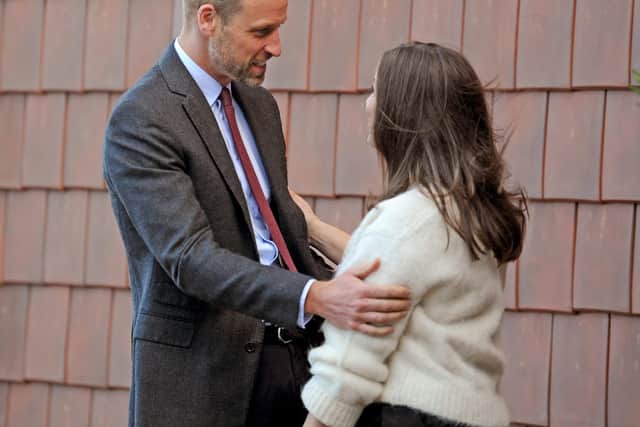 The Prince of Wales greets Lindsey Burrow as he arrives at the centre Rob Burrow Centre for Motor Neurone Disease on November 20, 2025. Picture: Simon Hulme.