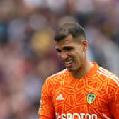 LONDON, ENGLAND - MAY 21: Joel Robles of Leeds United reacts during the Premier League match between West Ham United and Leeds United at London Stadium on May 21, 2023 in London, England. (Photo by Tom Dulat/Getty Images)