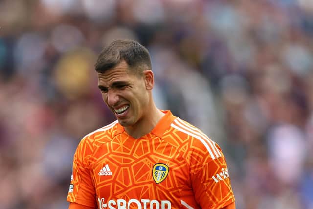 LONDON, ENGLAND - MAY 21: Joel Robles of Leeds United reacts during the Premier League match between West Ham United and Leeds United at London Stadium on May 21, 2023 in London, England. (Photo by Tom Dulat/Getty Images)