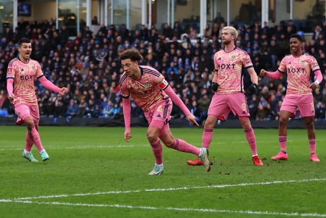 'FAULTLESS': Whites star Ethan Ampadu, centre, pictured whirling away to celebrate after putting Leeds United ahead at Sunday's third round FA Cup hosts Peterborough United and en route to a 3-0 success. Photo by Marc Atkins/Getty Images.