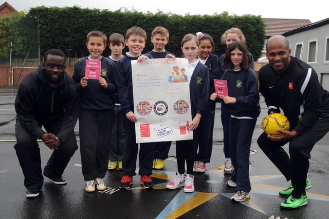 Pupils backed the Show Racism the Red Card event at Hedworth Lane Primary school 8 years ago.Olivier  Bernard and Dean Gordon joined the students for the day.