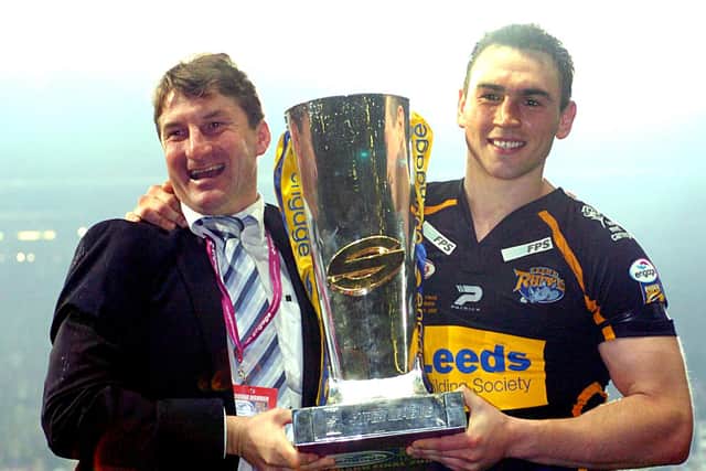 Kevin Sinfield, right, with then-Leeds coach Tony Smith, uncle of present boss Rohan Smith, at Old Trafford in 2004. Picture by Jonathan Gawthorpe.