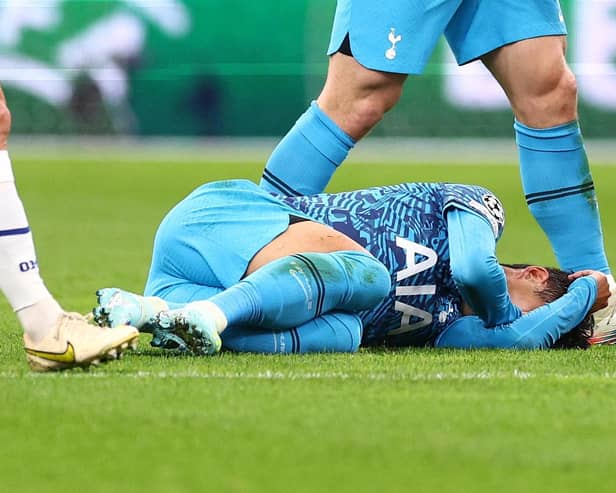 MARSEILLE, FRANCE - NOVEMBER 01: Son Heung-Min of Tottenham Hotspur goes down with an injury during the UEFA Champions League group D match between Olympique Marseille and Tottenham Hotspur at Orange Velodrome on November 01, 2022 in Marseille, France. (Photo by Clive Rose/Getty Images)