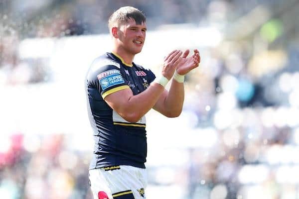 Tom Holroyd, seen celebrting Rhinos' home win over Warringtoin Wolves in August, has been promoted from 18 to 10 on the 2024 squad list. Picture by John Clifton/SWpix.com.