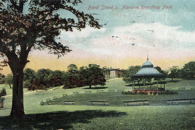 Colour-tinted postcard of Roundhay Park with a postmark of November 29, 1906.