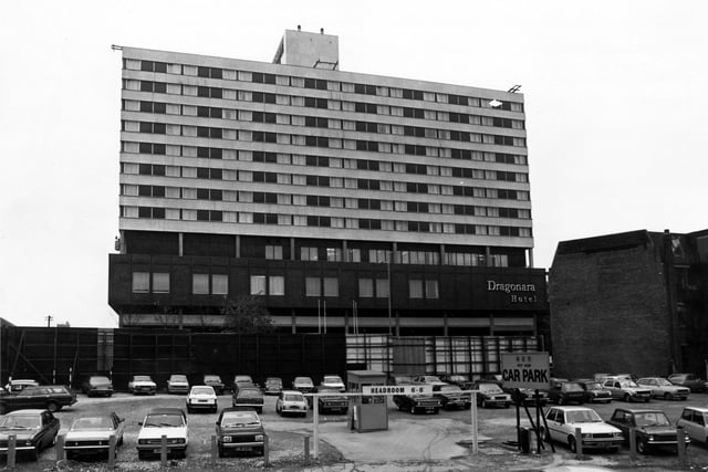 The Ladbroke Dragonara Hotel on Neville Street in November 1980. The hotel was  opened in April 1973 and was built on the site of Whitley's School Close Woollen Mills. It became the Hilton International Hotel in 1988.