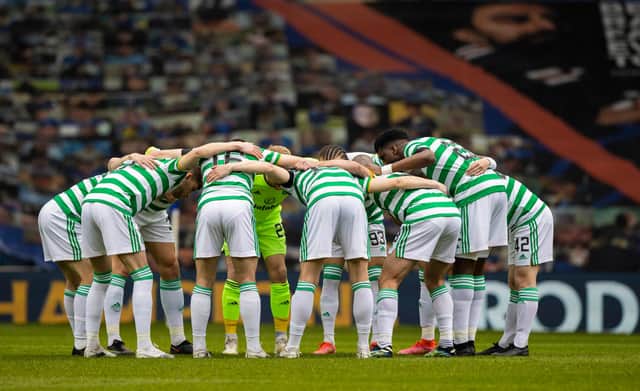 GLASGOW, SCOTLAND - APRIL 18: Celtic's pre match huddle during a Scottish Cup tie between Rangers and Celtic at Ibrox Stadium, on April 18, 2021, in Glasgow, Scotland. (Photo by Craig Williamson / SNS Group)