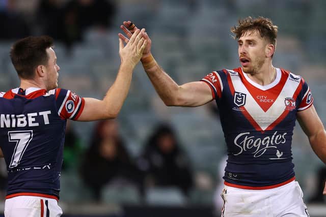 Paul Momirovski, seen celebrating a try for Sydney Roosters against Canberra Raiders last year, is being linked with a move to Rhinos. Picture by Mark Nolan/Getty Images.