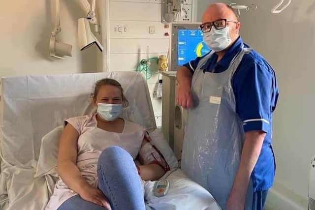 Kidney patient Rebecca Smith is pictured here with nurse Tim. Rebecca is hosting an event to raise money for Kidney Care UK.