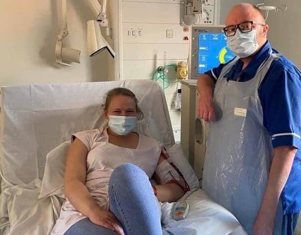 Kidney patient Rebecca Smith is pictured here with nurse Tim. Rebecca is hosting an event to raise money for Kidney Care UK.
