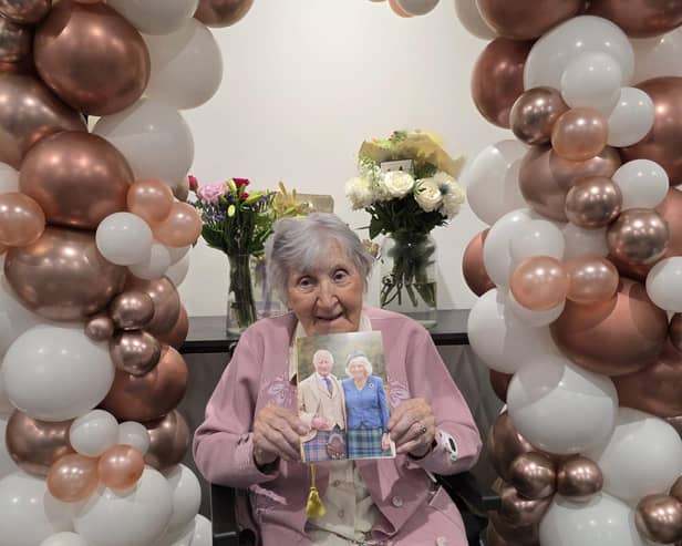 Elspeth with her birthday card from HRH King Charles