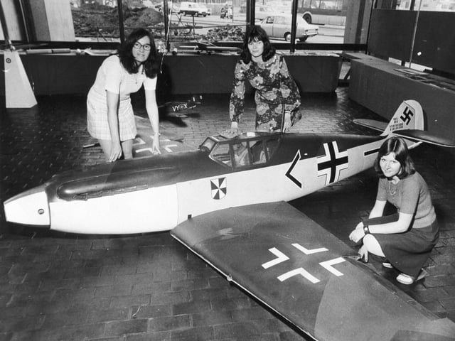 Your Yorkshire Evening Post hosted 'The History of Aviation in Model Form 'in the newspaper's public space at its Wellington Street headquarters in July 1972. Pictured are YEP employees Jenny Dolby, Margaret Keen and Kay Downing examining a half scale model of a German Me. 109E fighter aircraft.