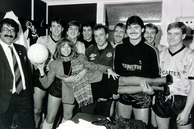Coronation street star Helen Worth, who plays Gail Tilsley, performed the honours when Ossett Albion's new £25,000 dressing rooms were opened at their Queens Terrace ground in October 1988. Bradford-born Helen, sister of Albion chairman Neville Wigglesworth, is seen with Albion players and, left, Coun Chris Heinitz, chairman of Wakefield Council's Leisure Services, who provided a grant towards the cost of the new dressing rooms. Allan Clarke brought his Barnsley side along for a match, sponsored by Philip's Hair Fashions, to mark the occasion and a 300 crowd saw them beat Northern Counties East League club Albion 2-1.
