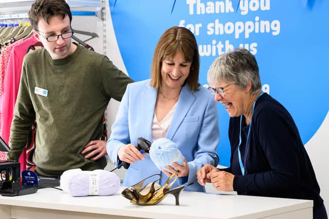 The shop’s team enjoyed speaking to the Chancellor about the valuable role the shop will play in the local community, and how offering shoppers' affordable options and pre-loved items can directly help fund the care and support the charity provides to those with a terminal illness and to people who are bereaved. Also pictured in Sue Ryder Bramley shop team member, Daniel Mooring and Sue Ryder volunteer, Hilary Oliver.