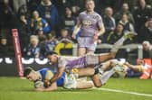 Jack Sinfield seen scoring for Leeds Rhinos against Wigan Warriors in March. Picture by Danny Lawson/PA Wire.