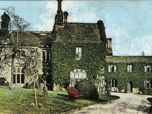 Originally a gatehouse for Kirkstall Abbey, it became detached from the ruins when a new turnpike road (now Abbey Road) was built in 1827. Leeds City Council bought the house in 1925 and opened it up as Abbey House Museum in 1927. The postcard was posted on May 2, 1906, though the title 'Abbey House, Old Leeds' suggests the picture may be from an earlier date.