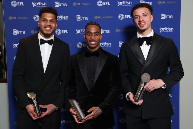 EFL Championship Team of the Season selections Georginio Rutter (left), Crysencio Summerville (centre) and Ethan Ampadu, all of Leeds United, pictured at the EFL Awards 2024, Grosvenor Hotel, London. Pic: Andrew Fosker/Shutterstock (14432108bn)