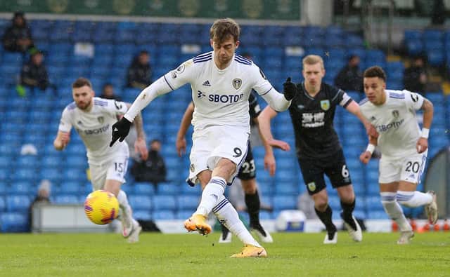 Patrick Bamford opens the scoring for Leeds United from the penalty spot. (Photo by Nigel French - Pool/Getty Images)