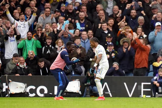 HELPING HAND: Whites ace Willy Gnonto, left, celebrating with Leeds United team mate and goalscorer Crysencio Summerville, right, during the 4-1 romp against Championship visitors Huddersfield Town at Elland Road. Photo by Danny Lawson/PA Wire.