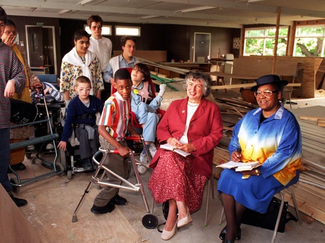 Roundhay Labour councillors, Doreen Lewis and Jean White, (right),  take a seat in  a classroom which was being built at John Jamieson School in Oakwood in June 1996. They donated money from their allowance from the Ward Scheme to fund the project.