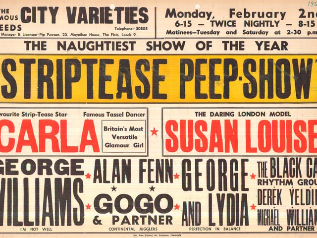 February 1959 and 'daring London model' Susan Louise along with 'famous tassel dancer' Carla were on stage at the City Varieties.