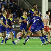 Warrington Wolves celebrate George Williams' golden-point drop goal against St Helens which sent them into this weekend's Super League semi-finals. Picture by Paul Currie/SWpix.com.